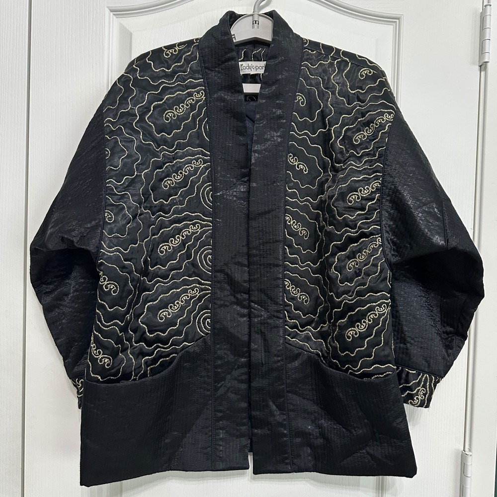 VTG Quilted Haori Jacket Padded Kimono Boho Art Metalic Gold Embroidery Womens M - Picture 13 of 13